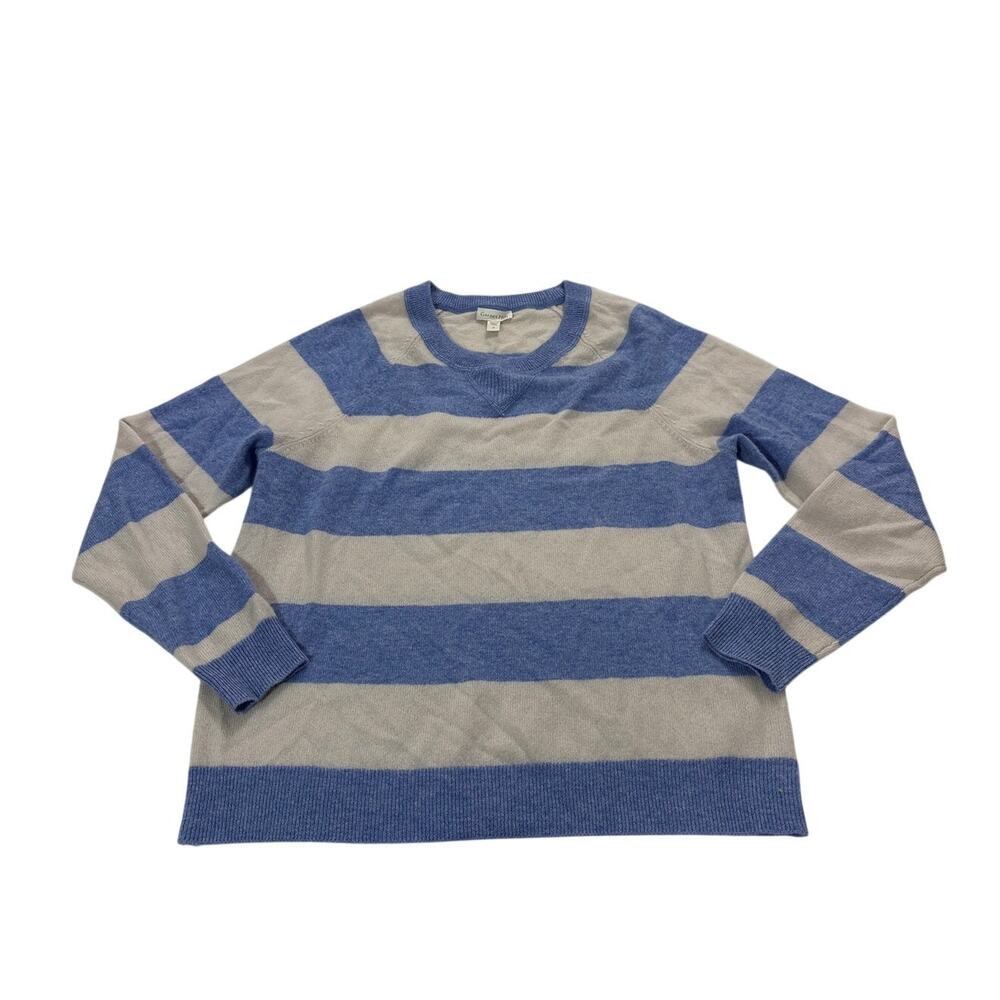 Garnet Hill Womens Small Cashmere Crewneck Sweater Blue Cream Stripe Nautical